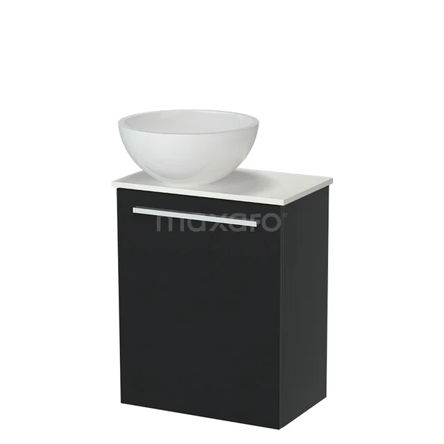 Black bathroom furniture with a white ceramic wash basin, modern design and sleek lines, ideal for compact bathrooms.