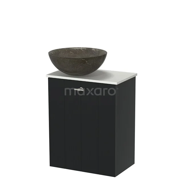 Black bathroom cabinet with a white top and round stone washbasin, ideal for modern bathroom setups.