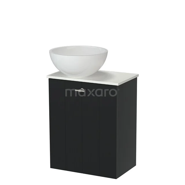 Black bathroom furniture with white sink bowl, compact design, ideal for modern bathrooms.