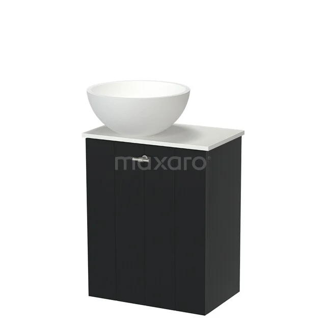 Schwarz Badmöbel mit weißem Waschbecken, kompaktes Design, ideal für kleine Bäder.