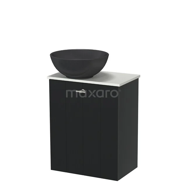 Black bathroom furniture with a bowl-shaped sink, modern appearance, compact cabinet with a matte black finish and sleek lines.