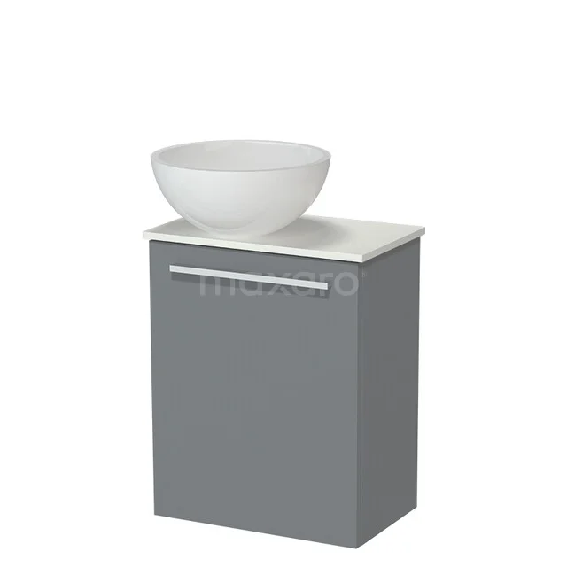 Modulo Pico WC-Möbel mit Aufsatzwaschbecken | 41 cm Mittelgrau Glatte Front Mineralguss Aufsatzwaschbecken Solid Surface Waschtischplatte TMK10-18268 Grauer Badschrank mit weißem, rundem Aufsatzwaschbecken oben, elegantes Design, ideal für moderne Bäder.