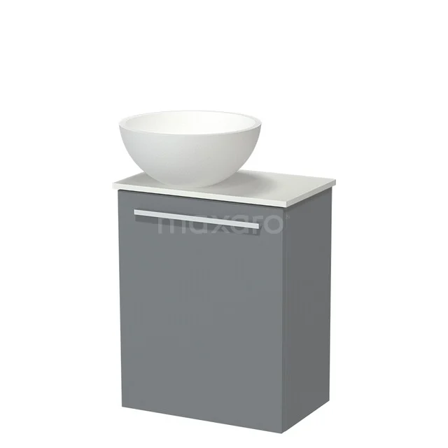 Grauer Badschrank mit Schublade, weißem Keramik-Aufsatzwaschbecken und modernem Design, ideal für kompakte und stilvolle Bäder.