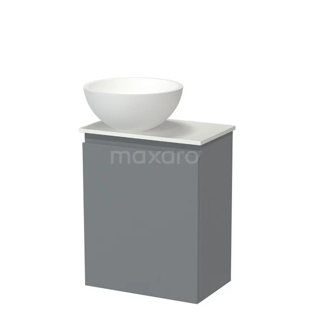 Grau Badmöbel mit schalenförmigem weißen Aufsatzwaschbecken, kompaktes Design in Holzoptik, perfekt für kleine Bäder.