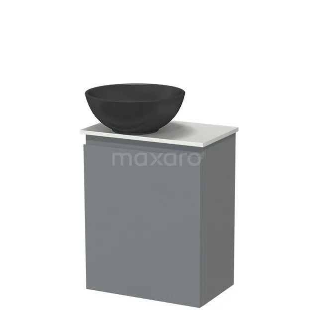 Grey bathroom cabinet with white top and black ceramic washbasin, ideal for a modern bathroom design.