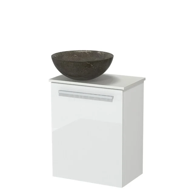 White bathroom cabinet with drawer and black washbasin, modern design, ideal for a stylish and compact bathroom decor.