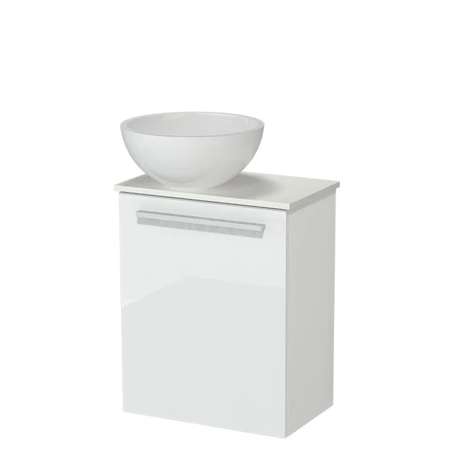 Weißes Badezimmermöbel mit einem keramischen Aufsatzwaschbecken, schlankes Design und chromfarbener Haltegriff, perfekt für moderne Bäder.