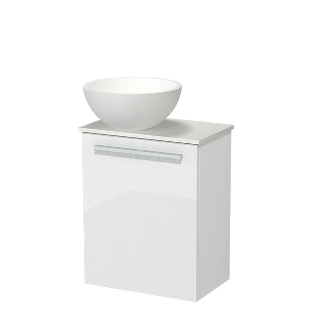 Modulo Pico Toilet furniture with Basin | 41 cm High gloss white Flat front Solid surface basin Solid surface washbasin top TMK10-18284 White washbasin cabinet with round basin, modern design, smooth finish and chrome-coloured handle for stylish bathrooms.