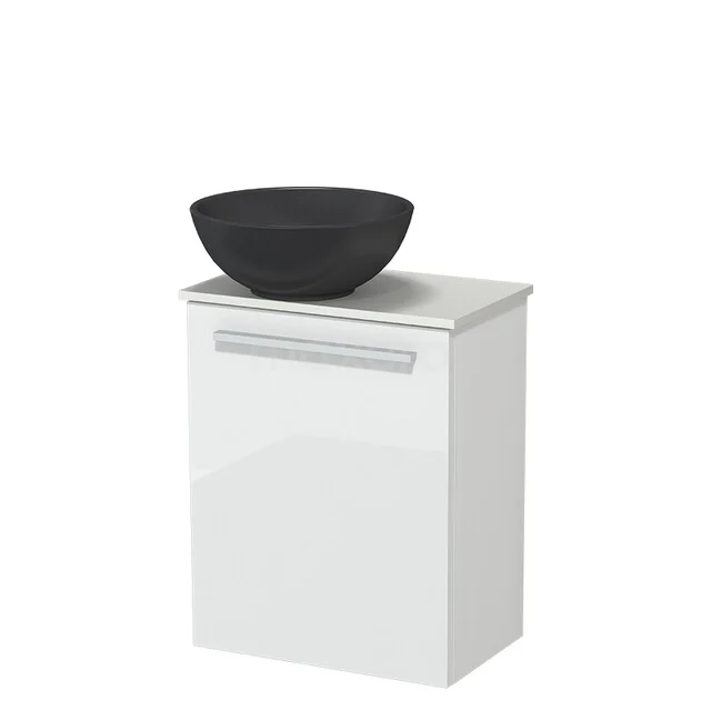 Modulo Pico WC-Möbel mit Aufsatzwaschbecken | 41 cm Hochglanz Weiß Glatte Front Quarz Aufsatzwaschbecken Solid Surface Waschtischplatte TMK10-18285 Weißer Badschrank mit schwarzem, mattem Aufsatzwaschbecken aus Keramik; ideal für eine stilvolle und moderne Badezimmergestaltung.