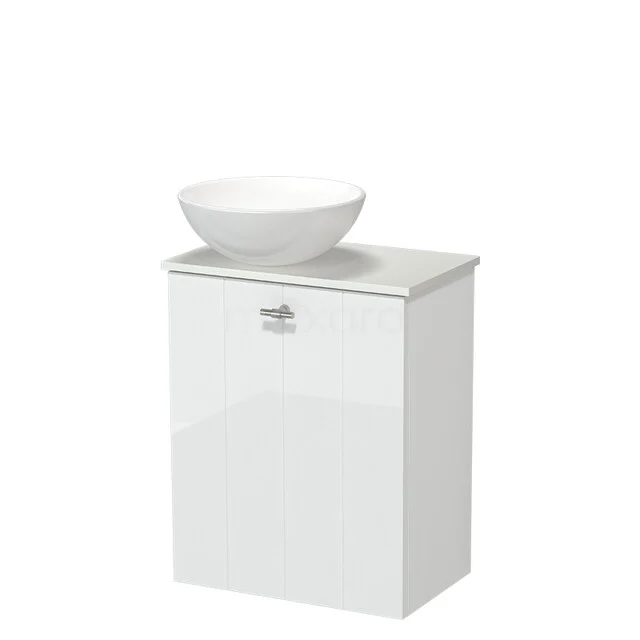 White bathroom furniture with a glossy drawer and countertop basin, ideal for a modern bathroom design.
