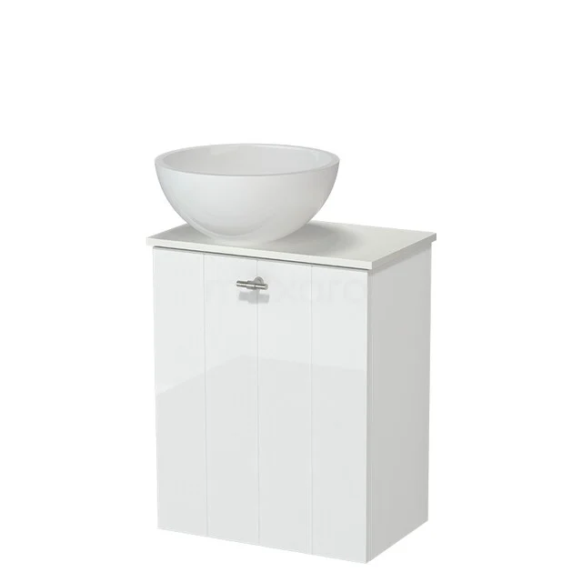 Weißes Badmöbel mit Waschbecken in Schalenform, glänzende Oberfläche, kompaktes Design ideal für kleine Bäder.