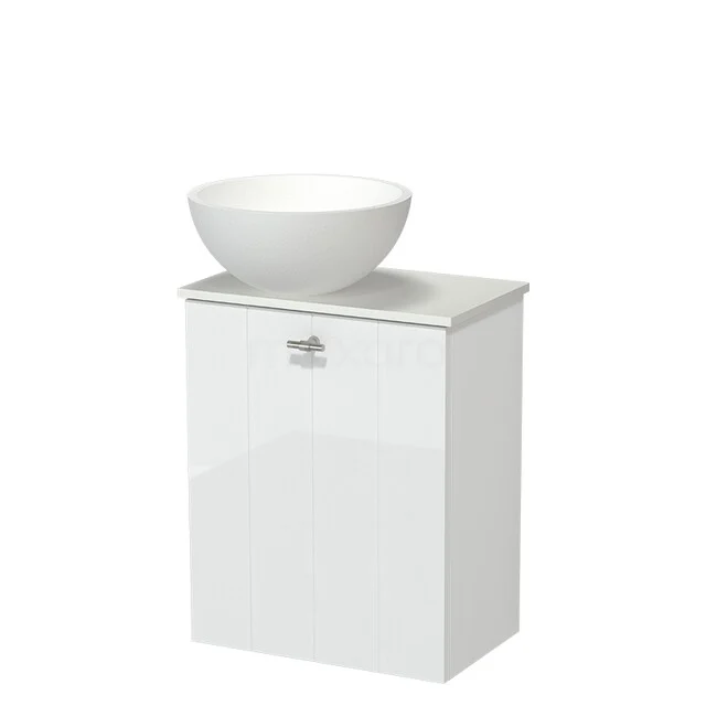 White bathroom furniture with ceramic bowl, compact design and glossy finish, ideal for stylish bathroom storage.