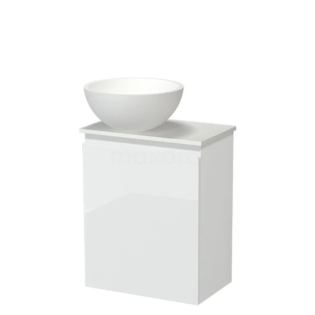 Modulo Pico WC-Möbel mit Aufsatzwaschbecken | 41 cm Hochglanz Weiß Grifflose Front Solid Surface Aufsatzwaschbecken Solid Surface Waschtischplatte TMK10-18294 Weißes Badezimmermöbel mit runder keramischer Aufsatzwaschbecken, Hochglanz-Oberfläche und kompaktem Design für moderne Bäder.