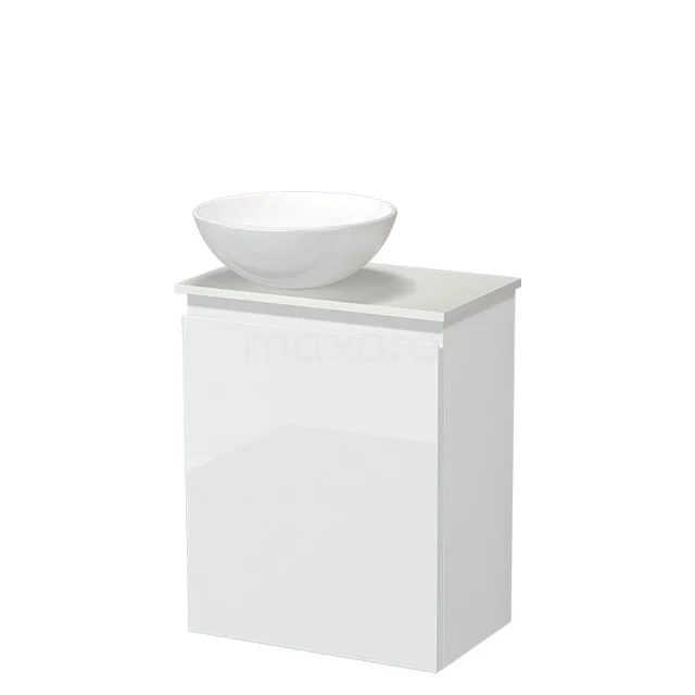 White bathroom furniture with a high-gloss finish and ceramic countertop basin, ideal for compact bathrooms.