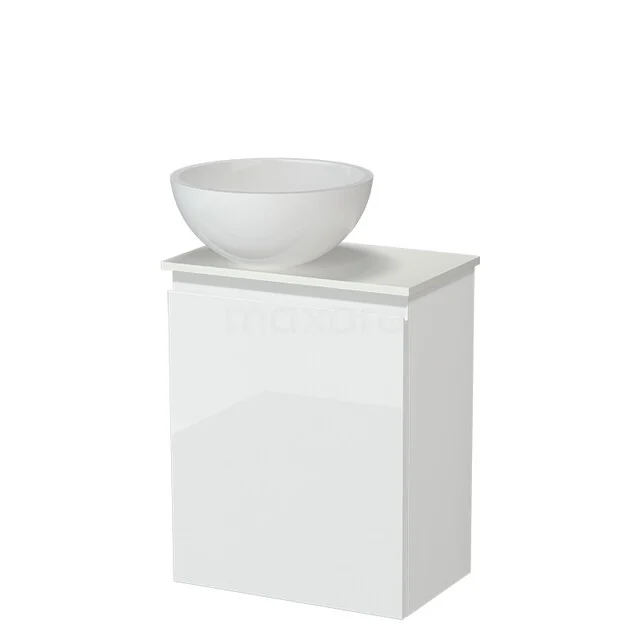 Weiße Badmöbelset mit glänzender Oberfläche und rundem Aufsatzwaschbecken; modernes Design, ideal für ein stilvolles Badezimmer.