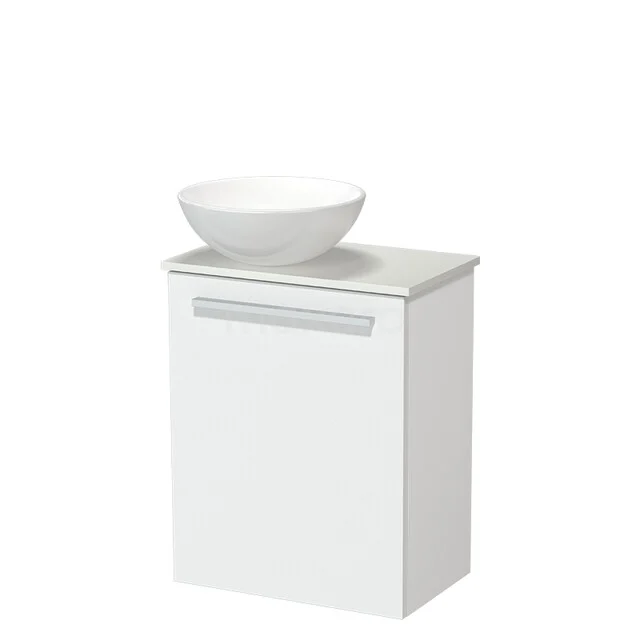 Weißer Badschrank mit Aufsatzwaschbecken, moderne Ausführung und klare Linien, ideal für eine stilvolle Badezimmergestaltung.