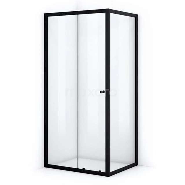 Black corner shower cabin with glass walls and aluminium frame, modern bathroom solution for style and functionality.