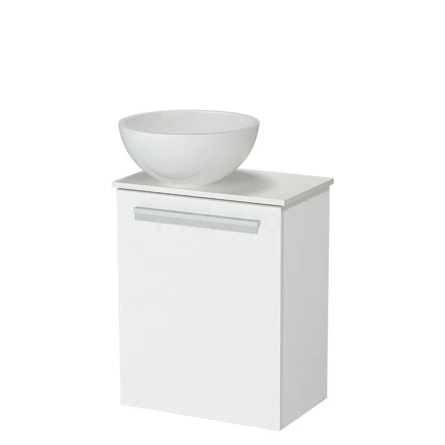 White bathroom furniture with modern design, ceramic bowl-shaped sink and glossy drawer panel for stylish bathroom storage.