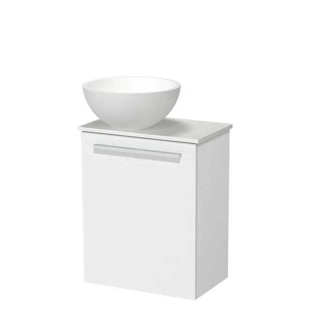 White bathroom furniture with a round ceramic sink, compact design and storage space, ideal for small bathrooms.