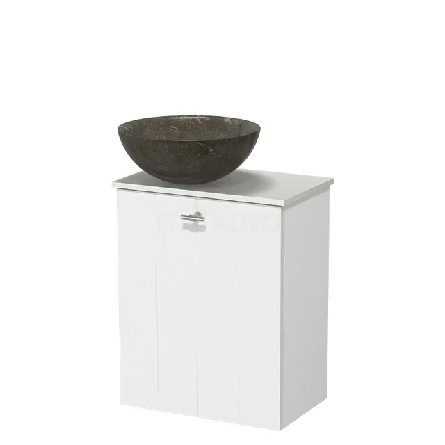 White bathroom furniture with a natural stone washbasin, modern design and compact size, ideal for a stylish bathroom decor.