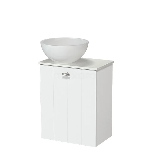 Weißes Waschtischmöbel mit rundem Aufsatzwaschbecken, kompaktes Design ideal für kleine Bäder, aus langlebigem MDF-Material gefertigt.