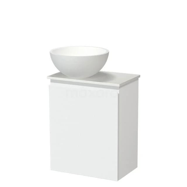 White bathroom furniture with round sink, minimalist design, suitable for modern bathrooms.