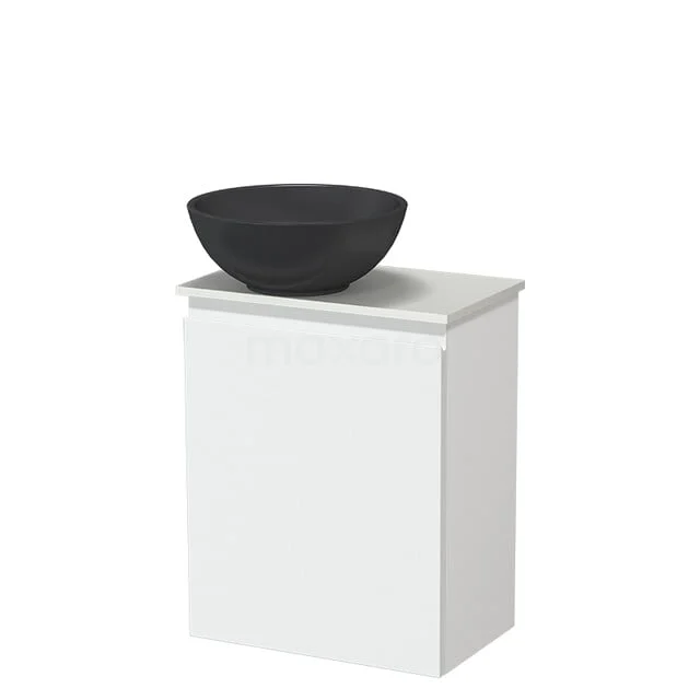 White bathroom furniture with black washbasin, made of ceramic, ideal for modern bathroom decor.