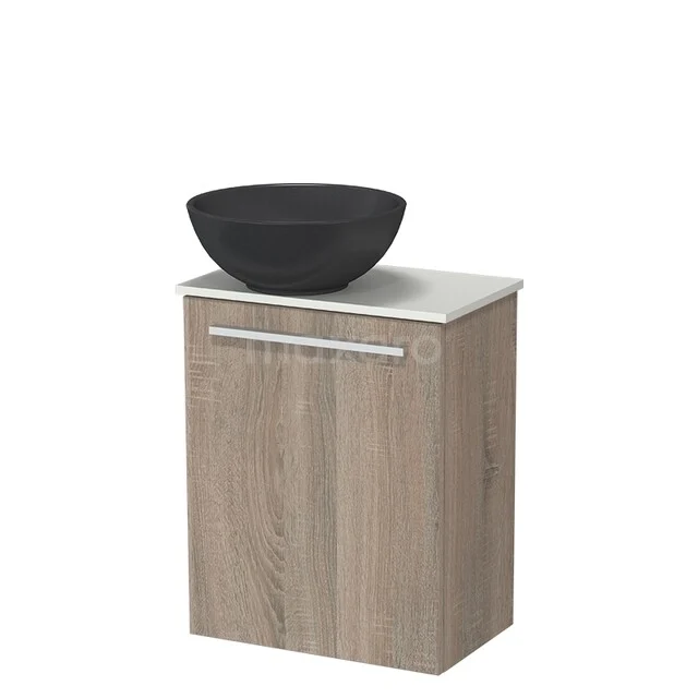 Modulo Pico WC-Möbel mit Aufsatzwaschbecken | 41 cm Eiche Glatte Front Quarz Aufsatzwaschbecken Solid Surface Waschtischplatte TMK10-18340 Holz-Badschrank mit schwarzem Aufsatzwaschbecken, kompaktes Design aus modernen Serien, ideal für stilvolle Badezimmergestaltung.