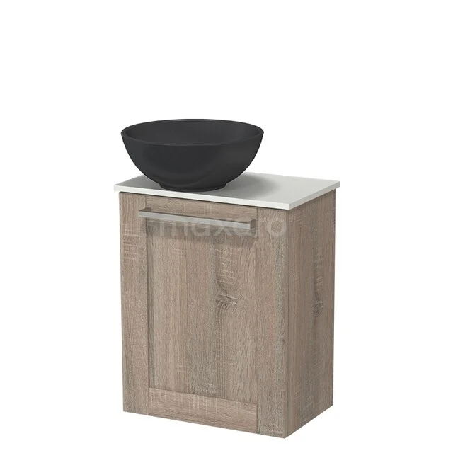 Modulo Pico WC-Möbel mit Aufsatzwaschbecken | 41 cm Eiche Rahmenfront Quarz Aufsatzwaschbecken Solid Surface Waschbeckenplatte TMK10-18345 Holz Badmöbel mit Eichenfurnier, schwarzem Aufsatzwaschbecken und weißer Arbeitsplatte, ideal für einen modernen Badezimmerstil.