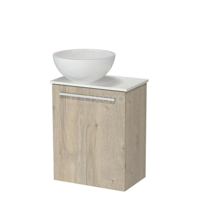 Modulo Pico WC-Möbel mit Aufsatzwaschbecken | 41 cm Hellgraue Eiche Glatte Front Mineralguss Aufsatzwaschbecken Solid Surface Waschtischplatte TMK10-18348 Holz-Badmöbel mit weißem Aufsatzwaschbecken, kompaktes Design, ideal für moderne Bäder.