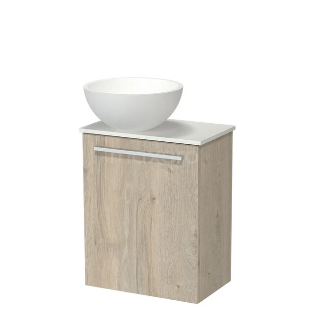 Wooden bathroom furniture with white sink, compact design, ideal for small bathrooms.