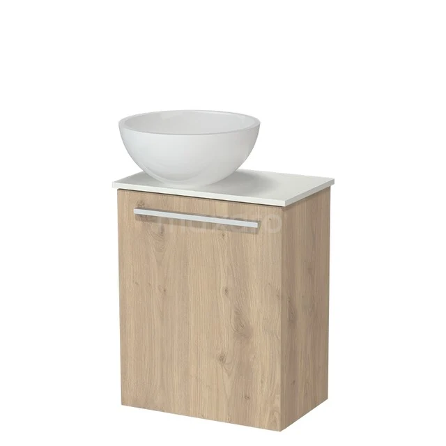 Wooden bathroom cabinet with white washbasin, compact design, ideal for modern bathrooms.