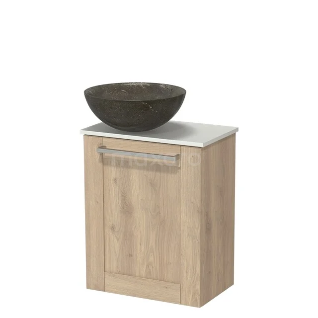 Modulo Pico Toilet Furniture with Basin | 41 cm Light Brown Oak Frame Natural Stone Basin Solid Surface Washbasin Top TMK10-18362 Wooden washbasin cabinet with natural stone basin, oak look, compact design, ideal for modern bathrooms.