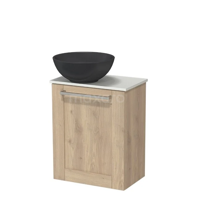 Modulo Pico Toilet furniture with Basin | 41 cm Light brown oak Frame front Quartz basin Solid surface washbasin top TMK10-18365 Wooden bathroom furniture with drawer, black bowl-shaped sink and white tabletop, ideal for a modern bathroom style.