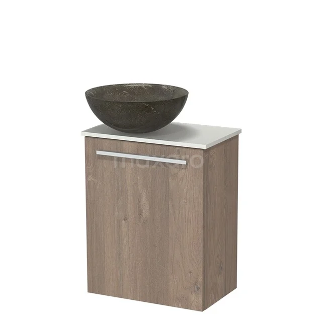 Wooden bathroom cabinet with grey marble wash basin, compact design for modern bathrooms.