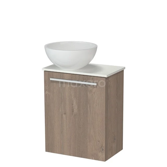 Modulo Pico WC-Möbel mit Aufsatzwaschbecken | 41 cm Mittelbraune Eiche Glatte Front Mineralguss Aufsatzwaschbecken Solid Surface Waschtischplatte TMK10-18368 Holz-Badmöbel mit weißem Aufsatzwaschbecken, kompaktes Design, ideal für kleine Bäder.