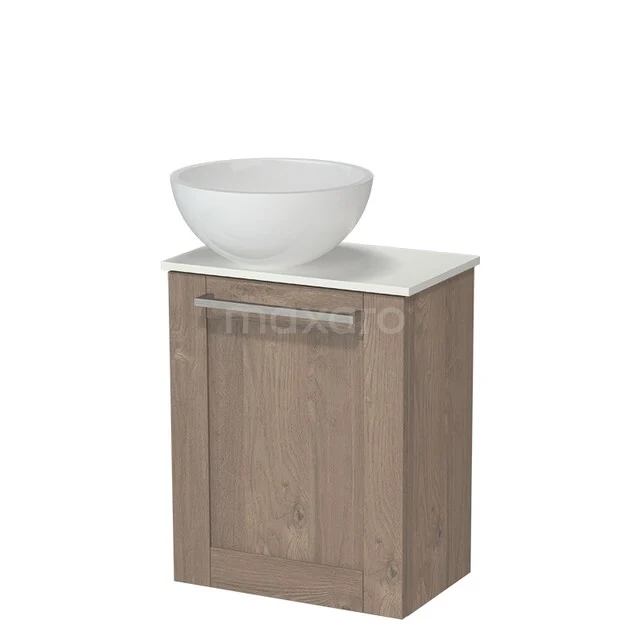 Modulo Pico WC-Möbel mit Aufsatzwaschbecken | 41 cm Mittelbraune Eiche Front Rahmen Mineralguss Aufsatzwaschbecken Solid Surface Waschtischplatte TMK10-18373 Hölzerner Badschrank mit Waschbecken, Eichenholz-Optik, Serie Modern Chic, ideal für kompakte Badezimmer.