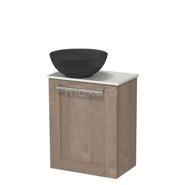 Wooden bathroom furniture with black washbasin, compact shape, ideal storage for a stylish bathroom decor.