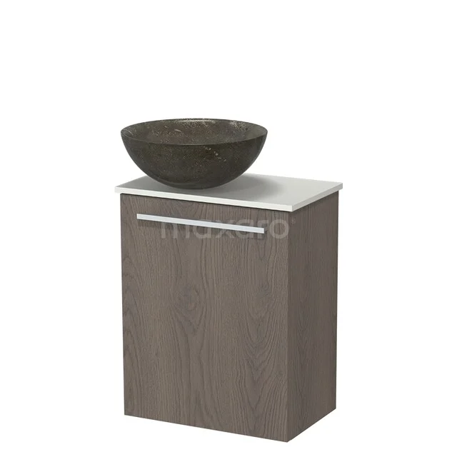 Modulo Pico Toilet furniture with Basin | 41 cm Dark brown oak Flat front Natural stone basin Solid surface washbasin top TMK10-18377 Wooden bathroom furniture with grey washbasin top and round black basin, sleek modern design. Perfect for compact bathrooms.