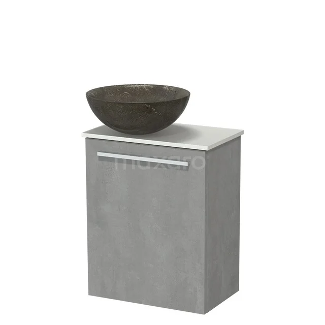 Modulo Pico WC-Möbel mit Aufsatzwaschbecken | 41 cm Hellgrauer Beton Glatte Front Naturstein-Aufsatzwaschbecken Solid Surface Waschtischplatte TMK10-18387 Grau Badmöbel mit Betonlook und schalenförmigem Waschbecken in dunkler Keramik, ideal für einen modernen Badezimmerstil.