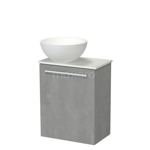 Grey bathroom cabinet with sink, modern design, concrete look, including white ceramic wash basin for a stylish bathroom.