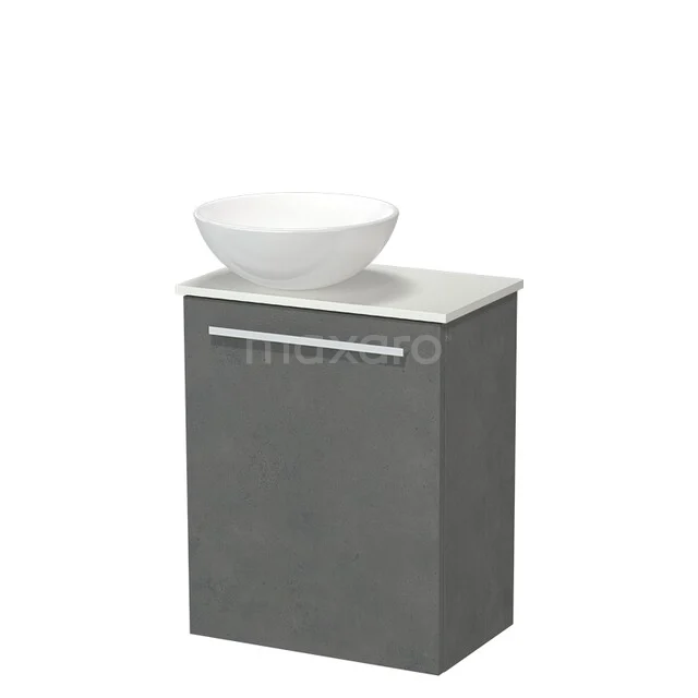 Grey bathroom cabinet with a matte finish, white ceramic sink, compact design for modern bathrooms.