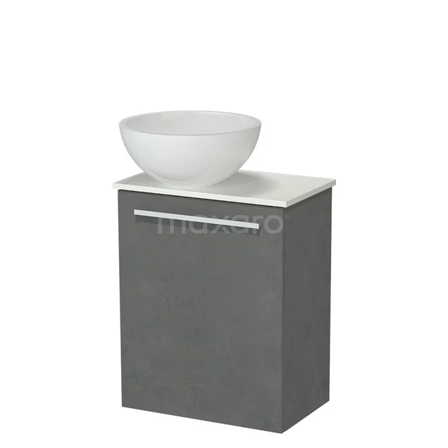 Grey bathroom furniture with white washbasin, sleek design, ideal for modern bathrooms, compact size.
