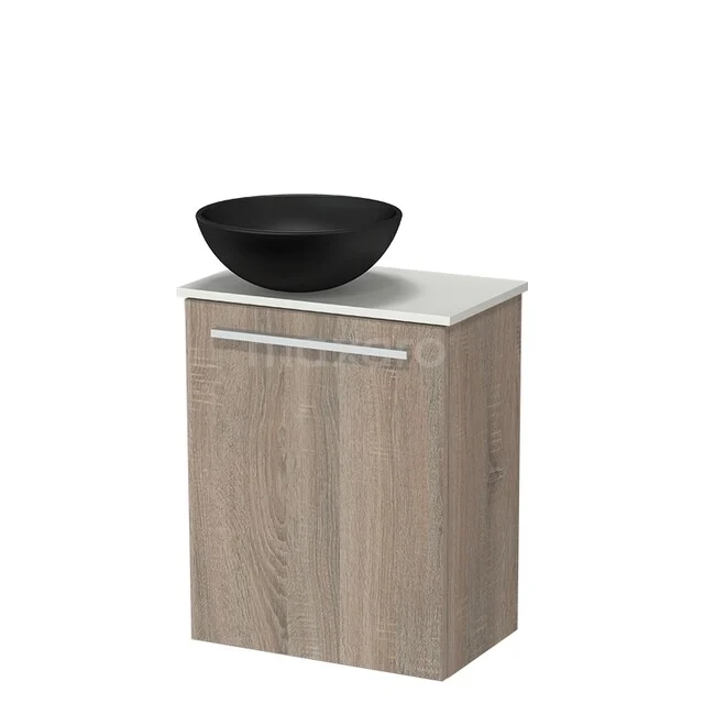 Modulo Pico WC-Möbel mit Aufsatzwaschbecken | 41 cm Eiche Glatte Front Keramik-Aufsatzwaschbecken Solid Surface Waschtischplatte TMK10-18410 Holz-Waschtisch mit einem schwarzen runden Aufsatzwaschbecken und einem metallenen Haltegriff, ideal für ein modernes Badezimmer.