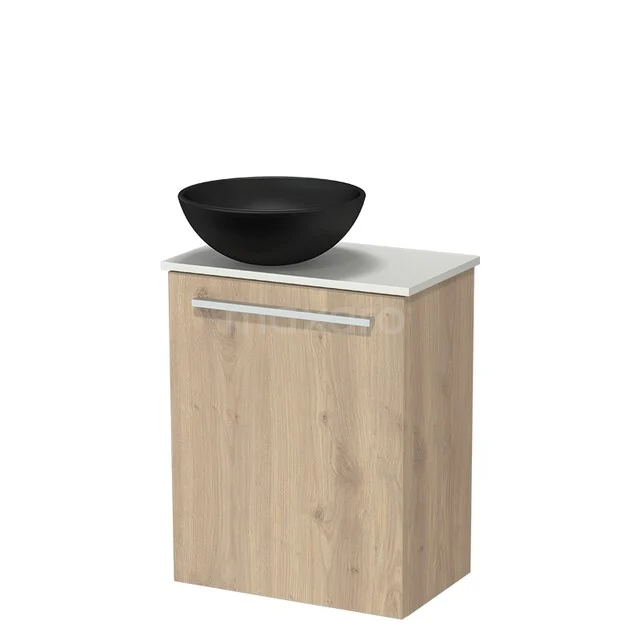 Modulo Pico WC-Möbel mit Aufsatzwaschbecken | 41 cm Hellbraune Eiche Glatte Front Keramik-Aufsatzwaschbecken Solid Surface Waschtischplatte TMK10-18414 Holz-Badmöbel mit Marmorplatte und mattschwarzem Aufsatzwaschbecken, kompaktes Design aus der modernen Lineo-Serie.