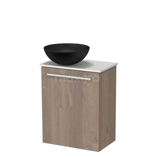 Modulo Pico WC-Möbel mit Waschbecken | 41 cm mittelbraune Eiche glatte Front Keramik-Aufsatzwaschbecken Solid Surface Waschtischplatte TMK10-18416 Holz-Badmöbel mit beiger Schrank, weißer Waschtischplatte und schwarzem Aufsatzwaschbecken, ideal für einen modernen Badezimmerstil.