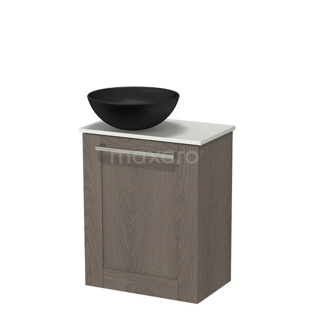 Modulo Pico Toilet furniture with Basin | 41 cm Dark brown oak Frame front Ceramic basin Solid surface washbasin top TMK10-18419 Oak bathroom furniture with a white top and black washbasin, compact design for modern bathrooms.