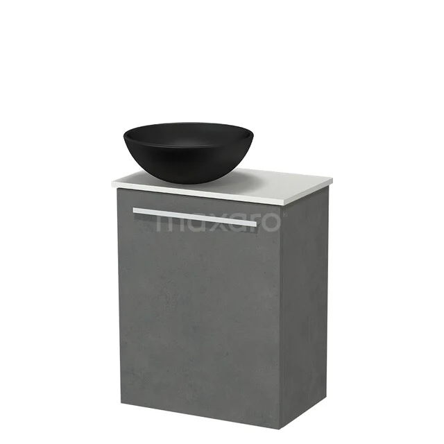 Grey bathroom furniture with a black round wash basin, matte finish, suitable for modern bathrooms.