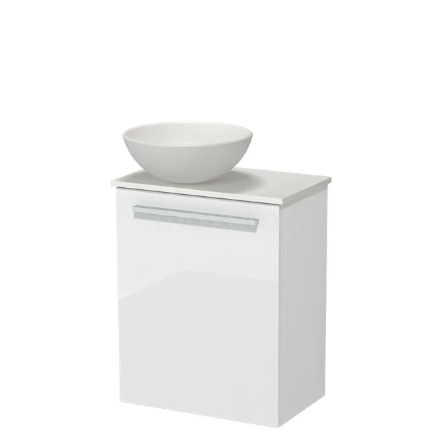 Weißes Badmöbel mit Waschbecken, modernes Design, kompakte Form, glatte Oberfläche und metallischer Haltegriff.