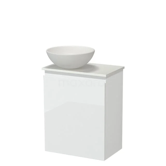Modulo Pico Toilet furniture with Basin | 41 cm High gloss white Handleless front Ceramic basin Solid surface washbasin top TMK10-18427 White glossy bathroom furniture with a bowl-shaped sink, compact design ideal for modern bathrooms.